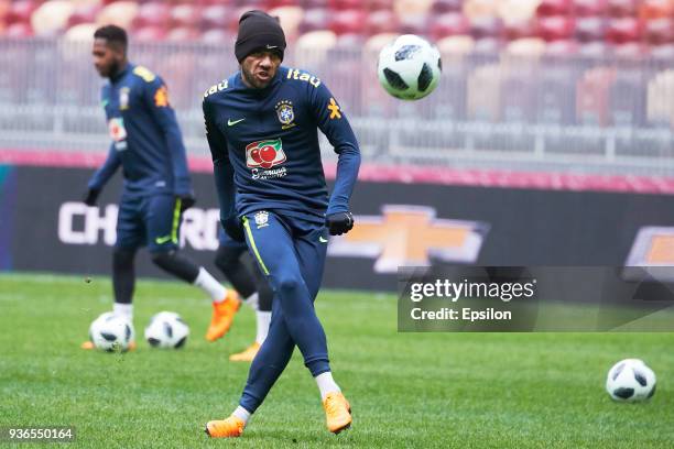 Douglas Costa of Brazil attends a training session ahead of a friendly match between Russia and Brazil at Luzhniki Stadium on March 22, 2018 in...