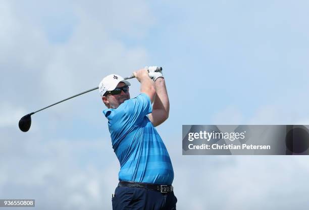 Steve Wheatcroft plays his shot on the first tee during round one of the Corales Puntacana Resort & Club Championship on March 26, 2018 in Punta...