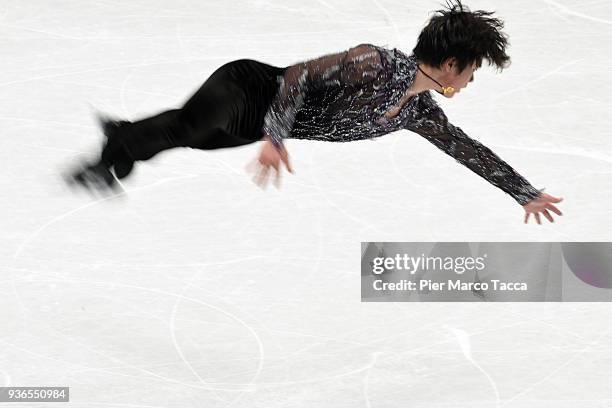 Shoma Uno of Japan performs in the Men's Short Program during day two of the World Figure Skating Championships at Mediolanum Forum on March 22, 2018...