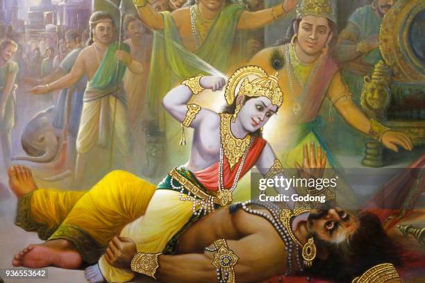 Jalaram Prathna hindu temple, Leicester. Fresco. Krishna killing Kamsa. United kingdom.