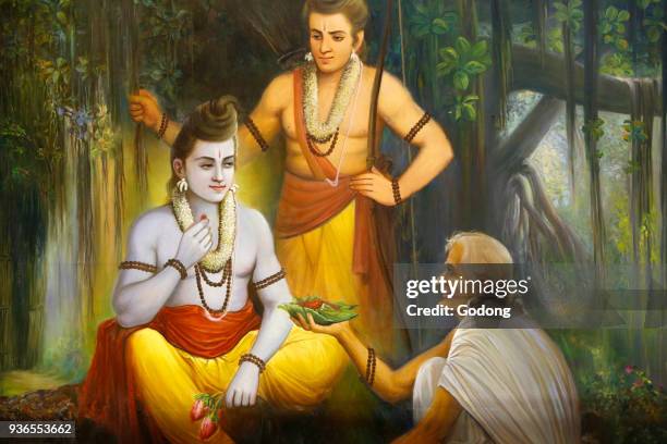 Jalaram Prathna hindu temple, Leicester. Fresco. Rama meeting Shabari who offers food to Ramacandra. United kingdom.