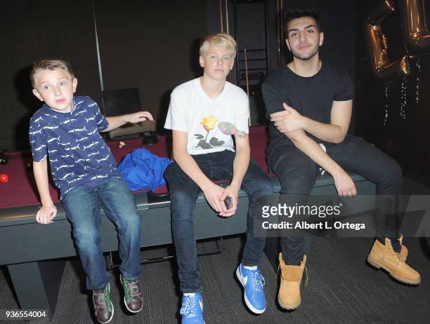 Ethan Perkins, Carson Lueders and Greg Marks attend the Birthday Party For Elam Roberson held at Pinz Bowling on March 21, 2018 in Los Angeles,...