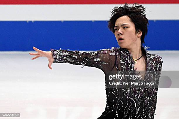 Shoma Uno of Japan performs in the Men's Short Program during day two of the World Figure Skating Championships at Mediolanum Forum on March 22, 2018...