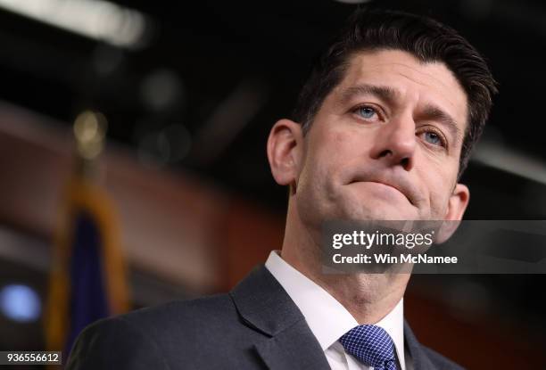 Speaker of the House Paul Ryan answers questions at a press conference at the U.S. Capitol on March 22, 2018 in Washington, DC. Ryan answered a range...