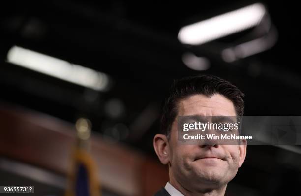 Speaker of the House Paul Ryan answers questions at a press conference at the U.S. Capitol on March 22, 2018 in Washington, DC. Ryan answered a range...