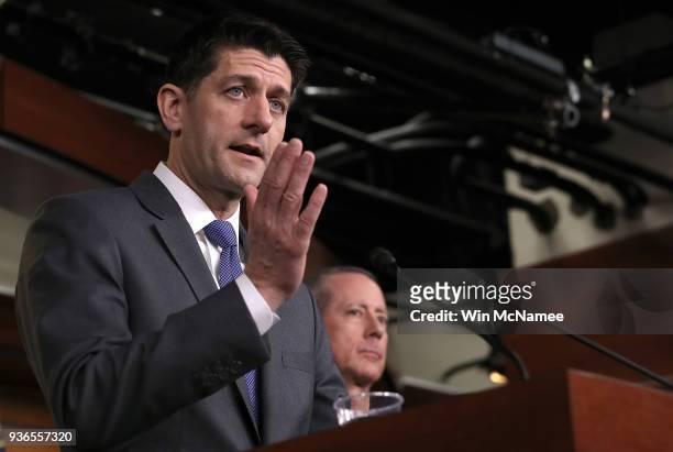 Speaker of the House Paul Ryan answers questions at a press conference at the U.S. Capitol on March 22, 2018 in Washington, DC. Ryan answered a range...
