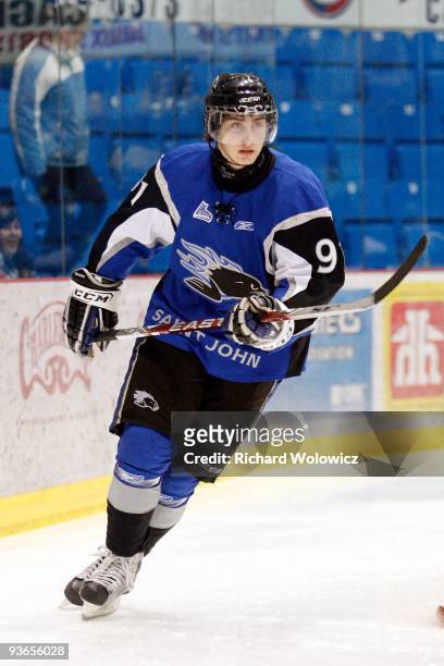 Tomas Jurco of the Saint John Sea Dogs skates during the warm up period prior to facing the Drummondville Voltigeurs at the Marcel Dionne Centre on...
