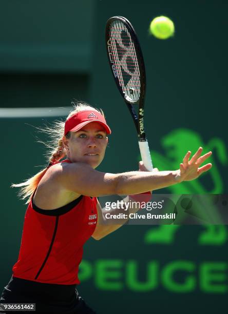 Angelique Kerber of Germany plays a forehand against Johanna Larsson of Sweden in their second round match during the Miami Open Presented by Itau at...