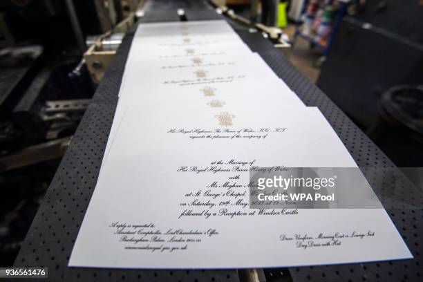 Invitations are printed at the workshop of Barnard and Westwood for Prince Harry and Meghan Markle's wedding on March 22, 2018 in London, England....