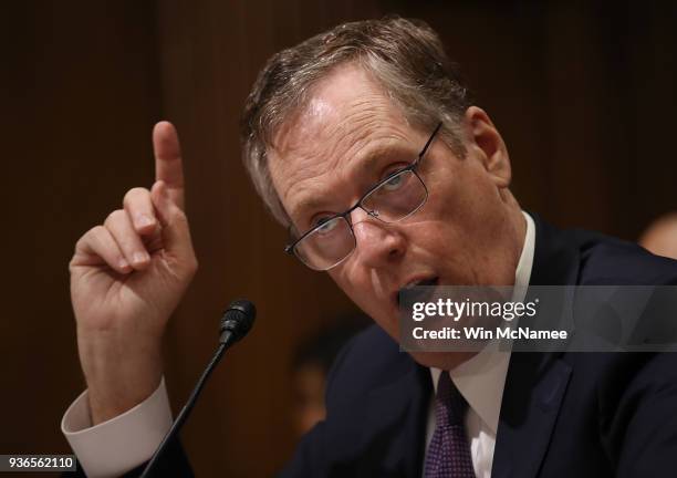 Trade Representative Robert Lighthizer testifies before the Senate Finance Committee March 22, 2018 in Washington, DC. The committee heard testimony...