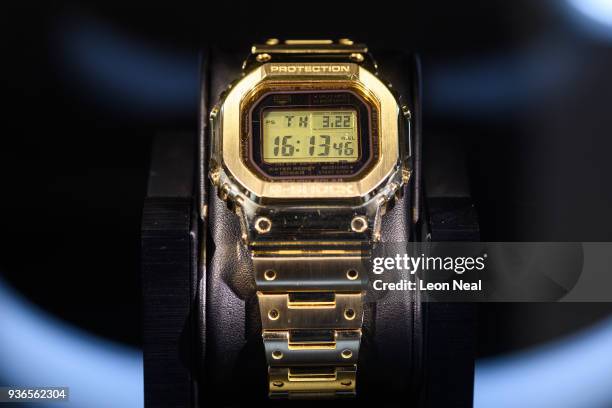 An 18K gold Casio G-Shock concept model is seen at the BaselWorld watch fair on March 22, 2018 in Basel, Switzerland. The annual watch trade fair...