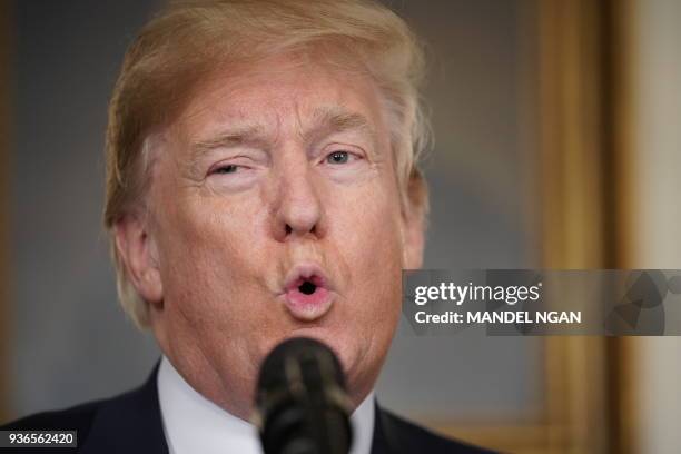 President Donald Trump speaks before signing trade sanctions against China on March 22 in the Diplomatic Reception Room of the White House in...