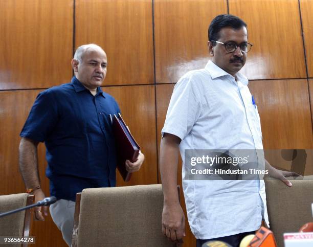 Delhi Chief Minister Arvind Kejriwal with Delhi Deputy Chief Minister and Finance Minister Manish Sisodia during the Delhi Government Budget 2018-19...