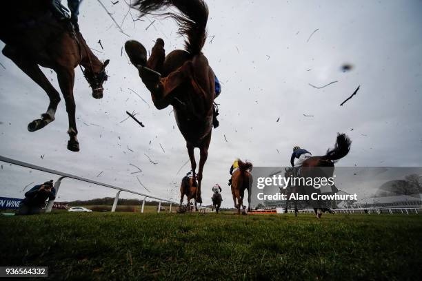 General view as runners clear the fence in front of the grandstands at Chepstow racecourse on March 22, 2018 in Chepstow, Wales.