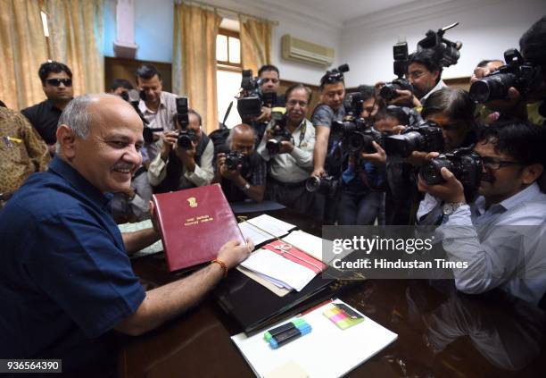 Delhi Deputy Chief Minister and Finance Minister Manish Sisodia presents the Delhi Government Budget 2018-19 at Delhi Legislative Assembly, Old...