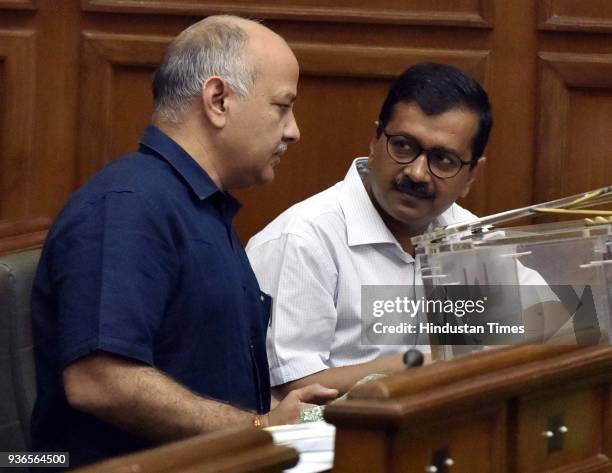 Delhi Chief Minister Arvind Kejriwal with Delhi Deputy Chief Minister and Finance Minister Manish Sisodia during the Delhi Government Budget 2018-19...