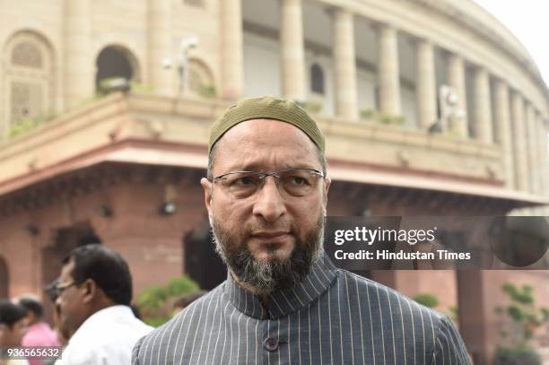 Asaduddin Owaisi during the budget session of Parliament, on March 22, 2018 in New Delhi, India. On Thursday, the two Houses of Parliament...