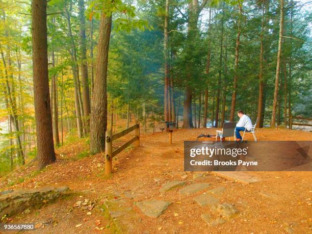 morning coffee by campfire - sturbridge stock pictures, royalty-free photos & images