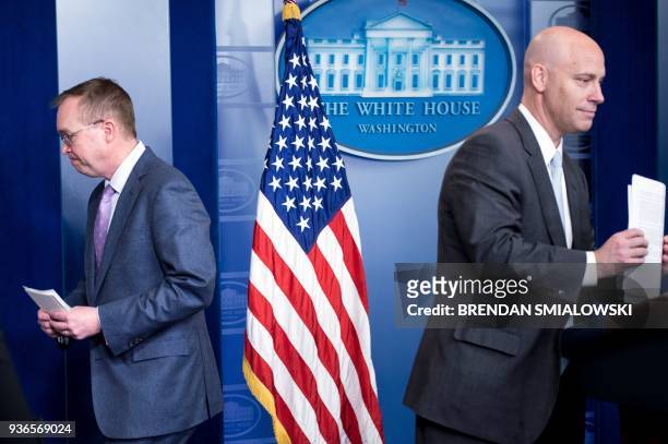 Office of Management and Budget Director Mick Mulvaney and Director of Legislative Affairs Marc Short leave after speaking about the Consolidated...