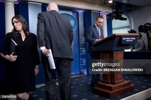 White House Press Secretary Sarah H. Sanders leaves as Director of Legislative Affairs Marc Short and Office of Management and Budget Director Mick...