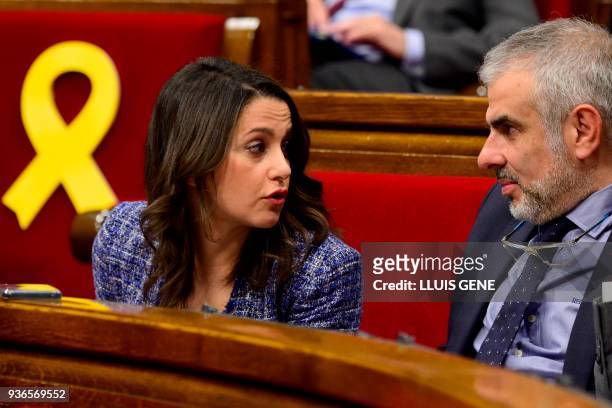 Center-right party Ciudadanos Catalan leader Ines Arrimadas and Ciudadanos member of Catalonia's parliament Carlos Carrizosa attend a parliament...