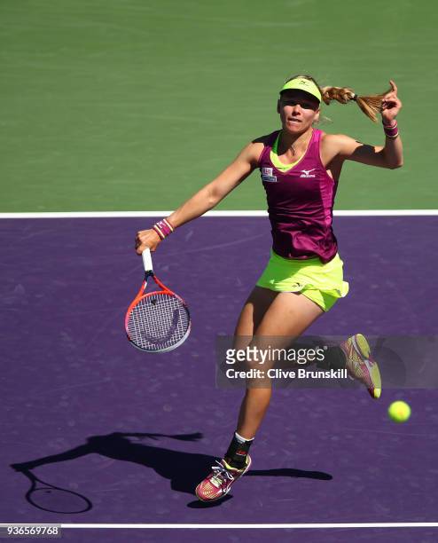 Johanna Larsson of Sweden in action against Angelique Kerber of Germany in their second round match during the Miami Open Presented by Itau at...