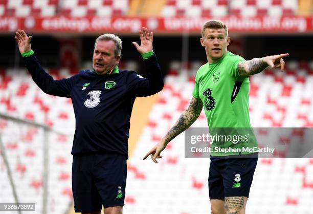 Antalya , Turkey - 22 March 2018; James McClean and assistant coach Steve Walford, left, during a Republic of Ireland training session at Antalya...