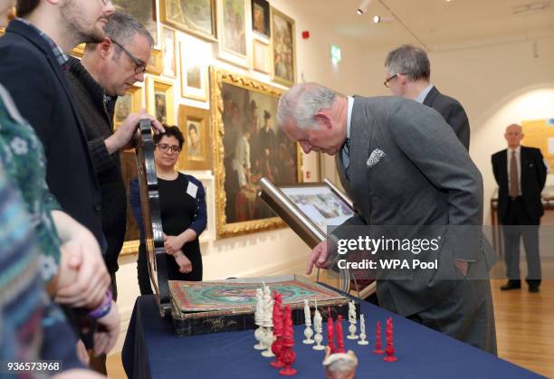 Prince Charles, Prince of Wales looks at exhibits, during a visit to the Royal Cornwall Museum in Truro to mark its bicentenary year on March 22,...