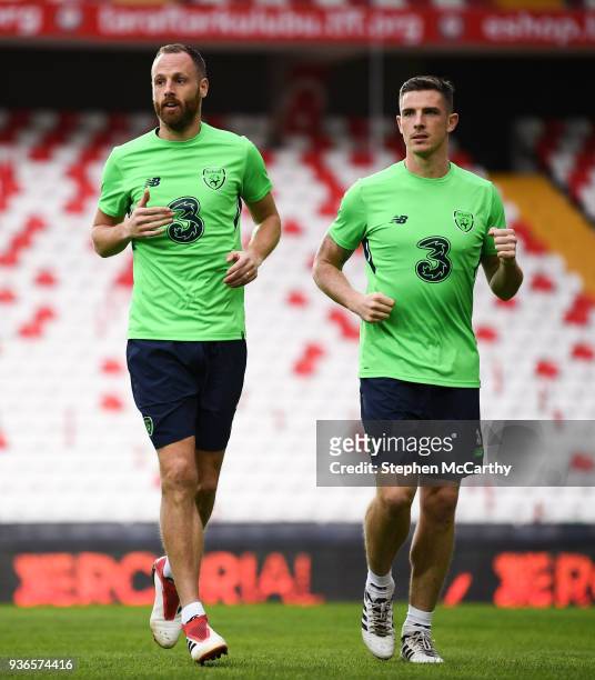 Antalya , Turkey - 22 March 2018; David Meyler, left, and Ciaran Clark during a Republic of Ireland training session at Antalya Stadium in Antalya,...