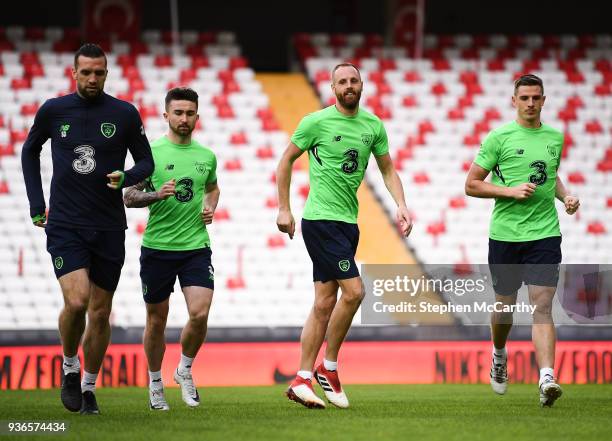 Antalya , Turkey - 22 March 2018; Players, from left, Shane Duffy, Sean Maguire, David Meyler and Ciaran Clark during a Republic of Ireland training...