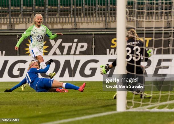 Pernille Harder of VfL Wolfsburg scores his team's first goal during the UEFA Women's Champions League Quarter Final first leg match between VfL...