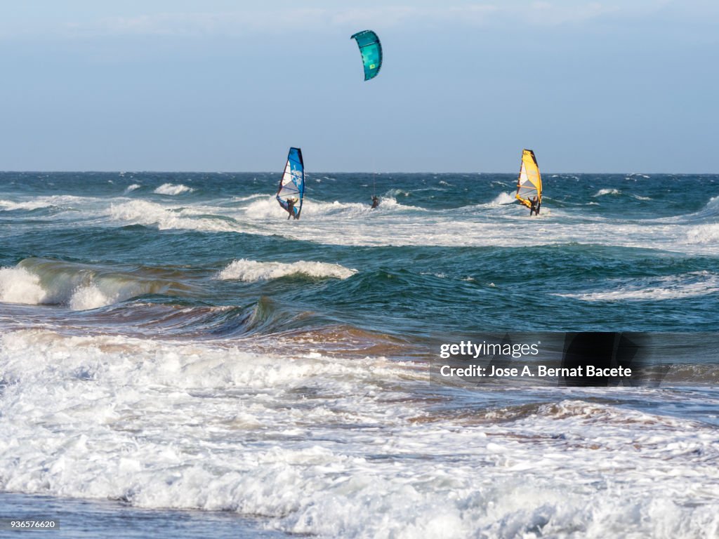 Windsurfers and Kiteboarding in Calblanque, Murcia, Spain.