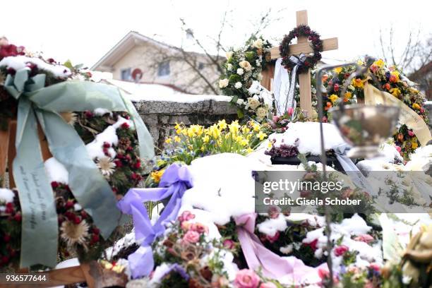 The grave of deceased actor Siegfried Rauch is seen on March 22, 2018 at the cemetery in Untersoechering near Murnau, Germany. German actor Siegfried...