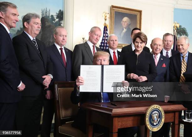 President Donald Trump is flanked by members of the business community as he holds up a signed presidential memorandum aimed at what he calls Chinese...