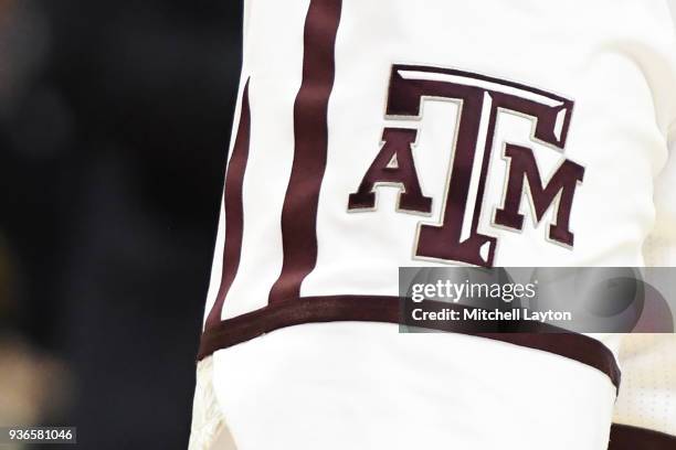 The Texas A&M Aggies logo on a pair of shorts during the first round of the 2018 NCAA Men's Basketball Tournament against the Providence Friars at...