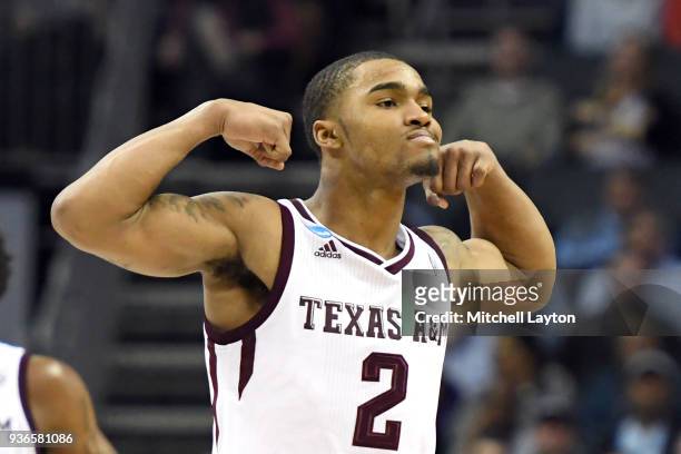 Starks of the Texas A&M Aggies celebrates a shot during the first round of the 2018 NCAA Men's Basketball Tournament against the Providence Friars at...