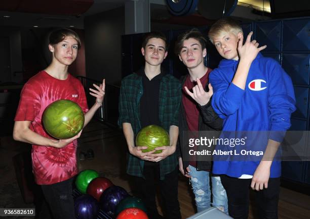 Conner Shane, Caden Conrique, Mikey Tua and Carson Lueders attend the Birthday Party For Elam Roberson held at Pinz Bowling on March 21, 2018 in Los...