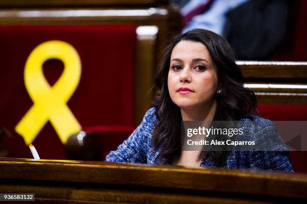 Leader of Ciudadanos party, Ines Arrimadas reacts next to yellow ribbons in memory of elected members of the parliament still in custody in jail in...