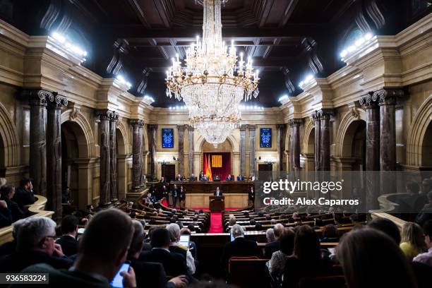 Jordi Turull gives a speech during the parliamentary session debating on his investiture as the new President of Catalonia on March 22, 2018 in...