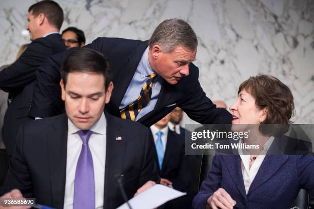 From left, Sen. Marco Rubio, R-Fla., Chairman Richard Burr, R-N.C., and Sen. Susan Collins, R-Maine, conduct a Senate Intelligence Committee hearing...