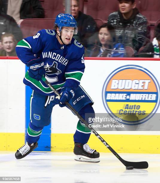 Brendan Leipsic of the Vancouver Canucks skates up ice during their NHL game against the Arizona Coyotes at Rogers Arena March 7, 2018 in Vancouver,...
