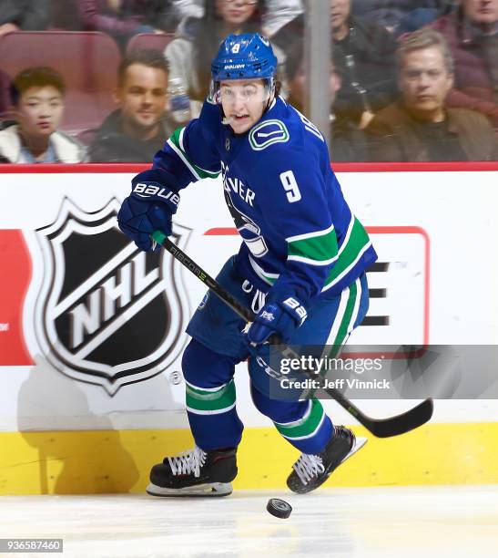 Brendan Leipsic of the Vancouver Canucks skates up ice during their NHL game against the Arizona Coyotes at Rogers Arena March 7, 2018 in Vancouver,...