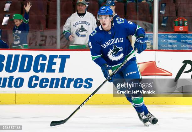 Jake Virtanen of the Vancouver Canucks skates up ice during their NHL game against the Arizona Coyotes at Rogers Arena March 7, 2018 in Vancouver,...