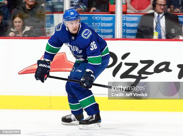 Jussi Jokinen of the Vancouver Canucks skates up ice during their NHL game against the Arizona Coyotes at Rogers Arena March 7, 2018 in Vancouver,...