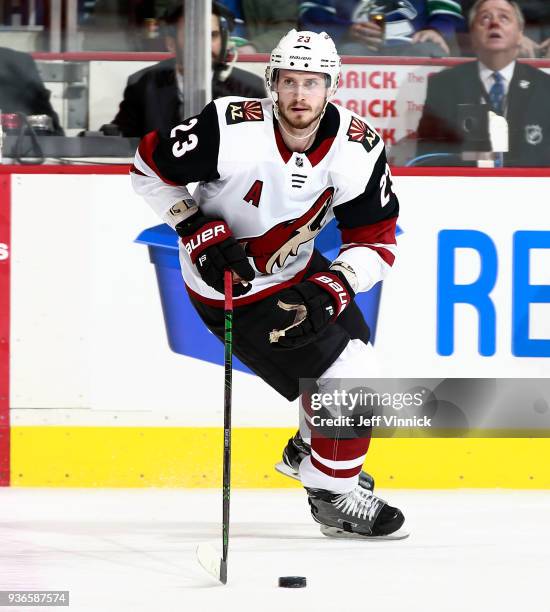 Oliver Ekman-Larsson of the Arizona Coyotes skates up ice during their NHL game against the Vancouver Canucks at Rogers Arena March 7, 2018 in...