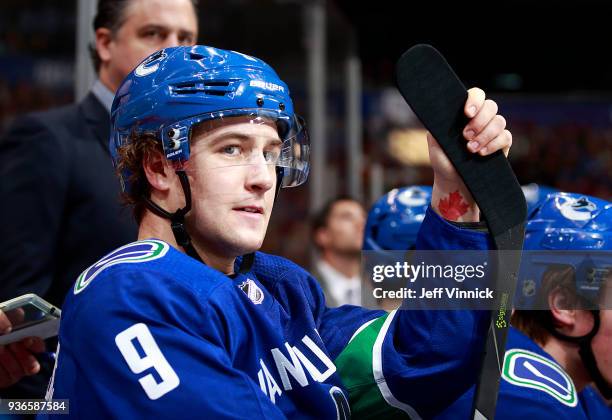 Brendan Leipsic of the Vancouver Canucks looks on from the bench during their NHL game against the Arizona Coyotes at Rogers Arena March 7, 2018 in...
