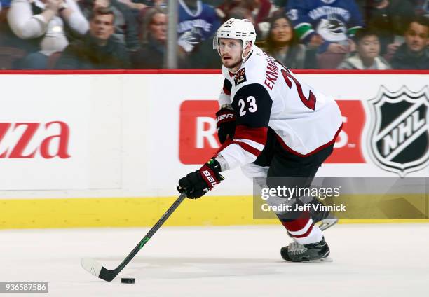 Oliver Ekman-Larsson of the Arizona Coyotes skates up ice during their NHL game against the Vancouver Canucks at Rogers Arena March 7, 2018 in...