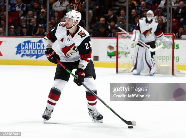 Oliver Ekman-Larsson of the Arizona Coyotes skates up ice during their NHL game against the Vancouver Canucks at Rogers Arena March 7, 2018 in...