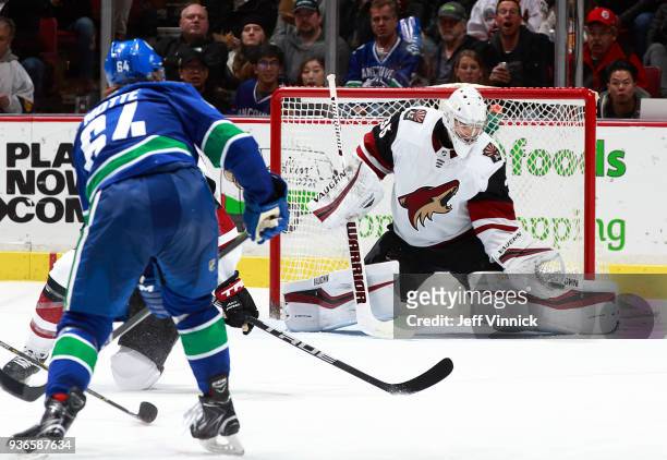 Darcy Kuemper of the Arizona Coyotes makes a save off the shot of Tyler Motte of the Vancouver Canucks during their NHL game at Rogers Arena March 7,...