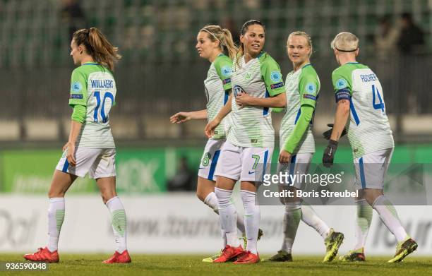 Sara Bjoerk Gunnarsdottir of VfL Wolfsburg celebrates with team mates after scoring his team's third goal during the UEFA Women's Champions League...